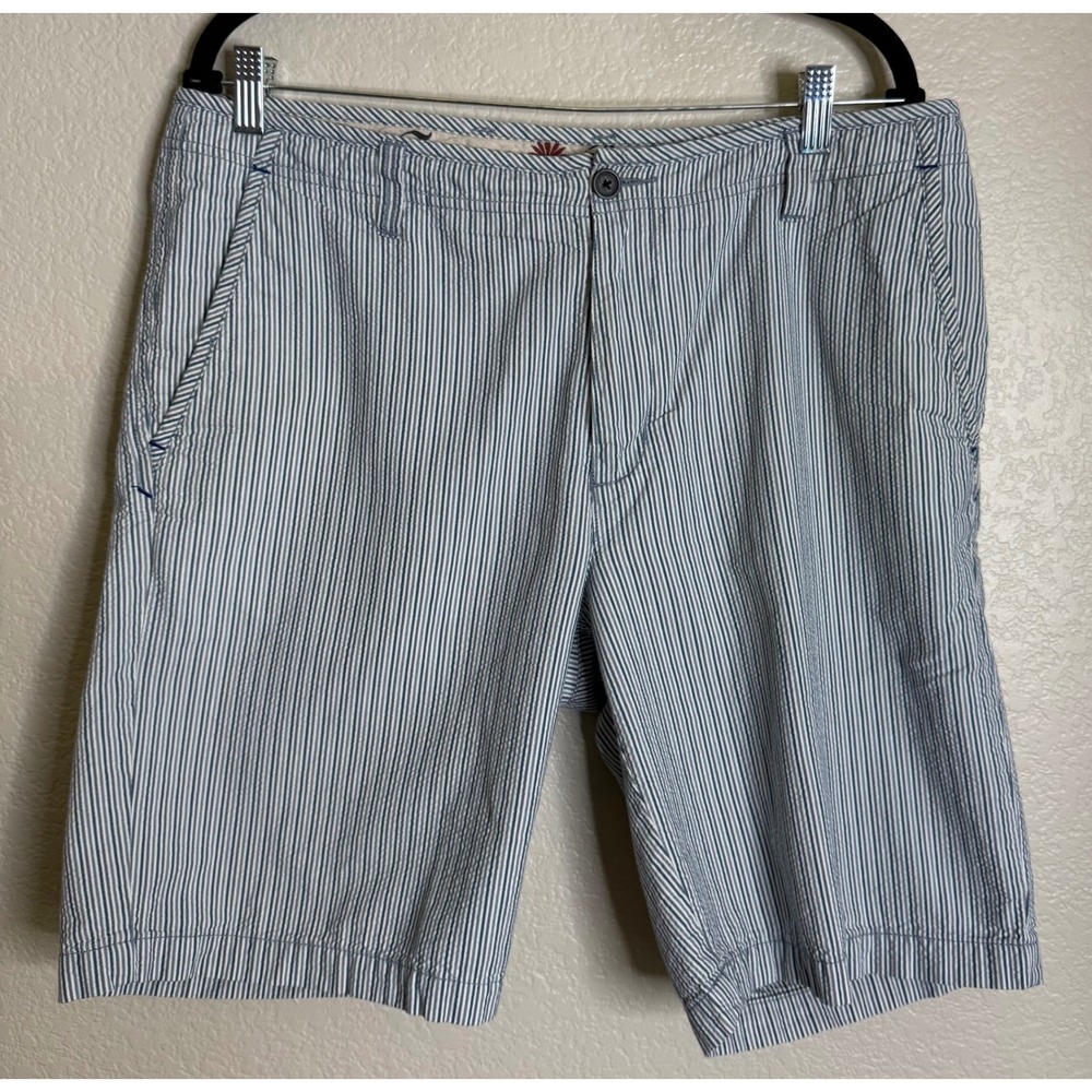 Tommy Bahama Mens 33 Shorts Blue White Pinstripe Cotton Seersucker Casual Beach